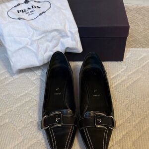 Prada Black Leather Buckle Flats with Contrast Stitching